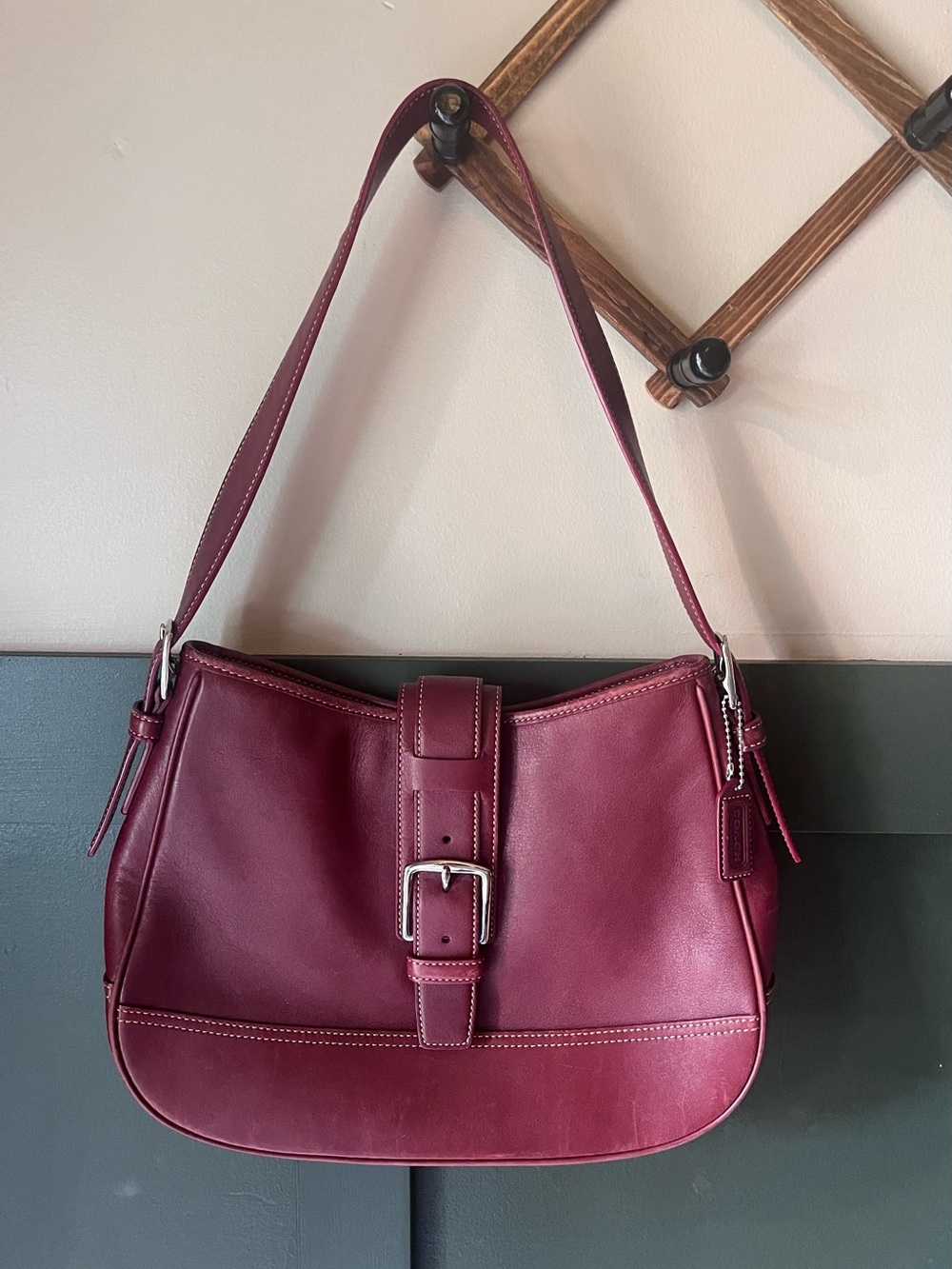 Vintage Coach Burgundy Leather Shoulder Bag with Buckle Strap